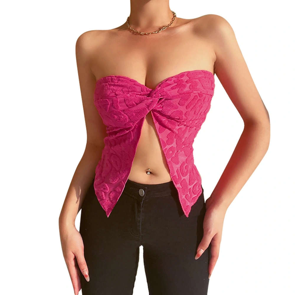 Woman Bow Knot Crop Top Twist Tie Front Sleeveless Strapless Slim Fit Ruched Bandeau Tube Top Rose Red S