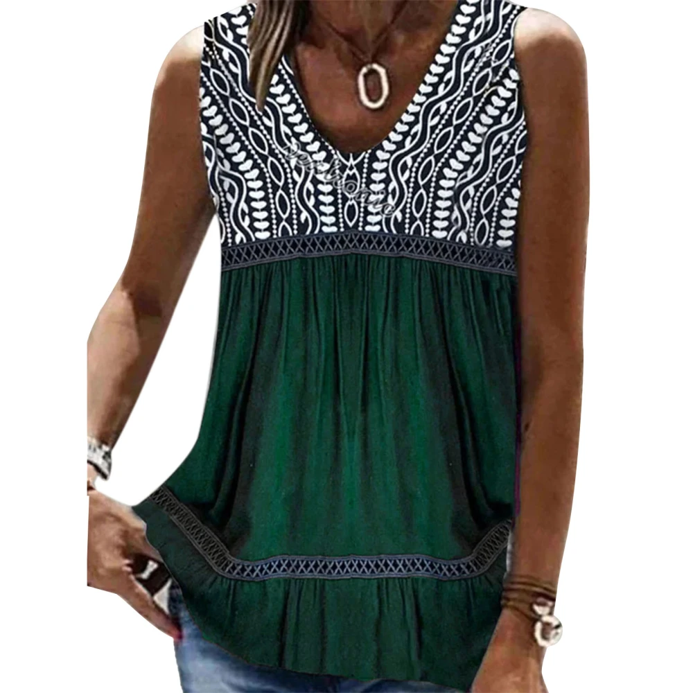 Women Summer Top Loose V Neck Sleeveless Flowly Lace Stitching Detailed Pleated Tank Top for Female Dark Green XL