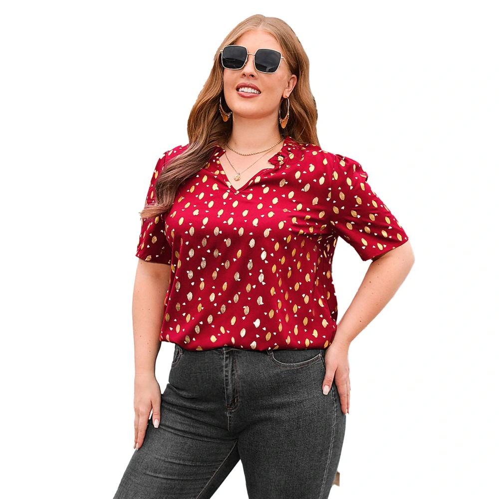 Short Sleeve V Neck Top Women Loose Casual Oversized Foil Dot Print T Shirt Blouse for Office Work Red 3XL