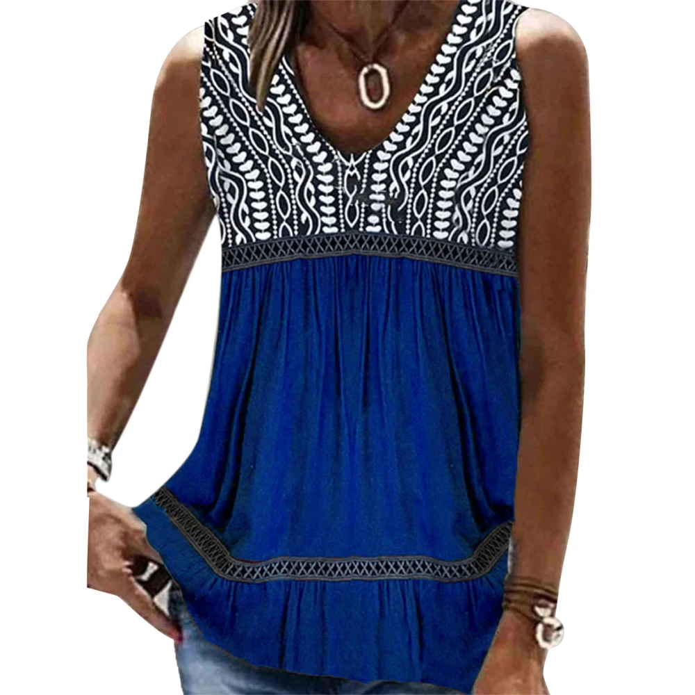 Women Summer Top Loose V Neck Sleeveless Flowly Lace Stitching Detailed Pleated Tank Top for Female Blue S