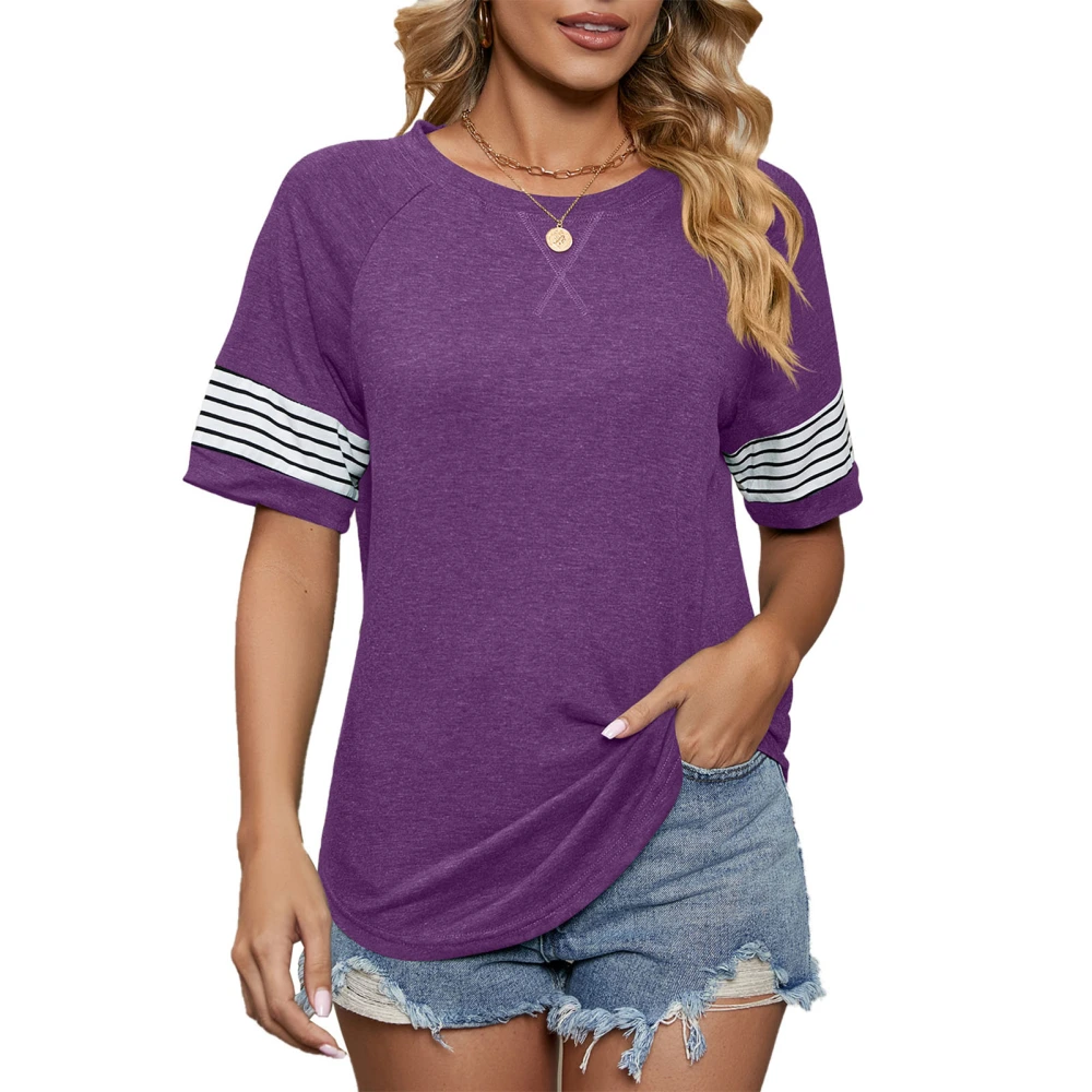 Women Top Striped Sleeve Round Neck Short Sleeve Loose Casual Basic Shirt Top for Summer Purple L