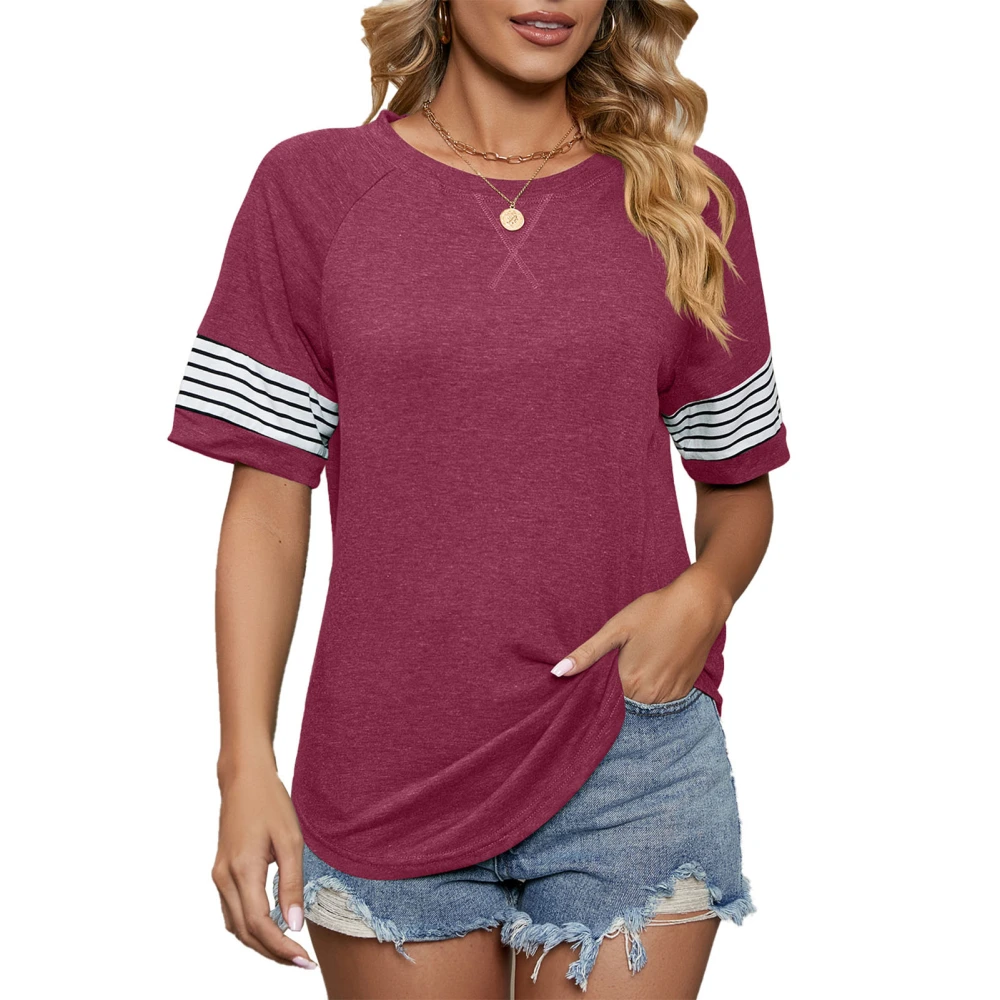 Women Top Striped Sleeve Round Neck Short Sleeve Loose Casual Basic Shirt Top for Summer Burgundy Color XL