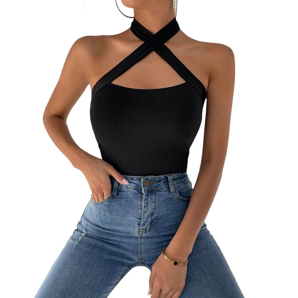 Women Criss Cross Halter Tank Top Ribbed Knit Fitted Tie Back Pure Color Stretchy Tee Shirt Black XS