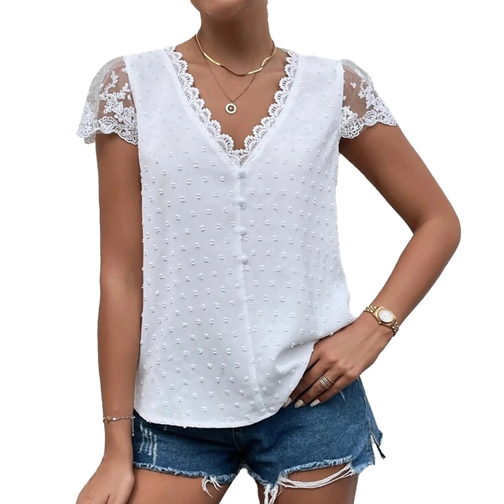 Women V Neck Blouse Lace Trim Short Sleeve Button Front Jacquard Dot Top for Summer White L