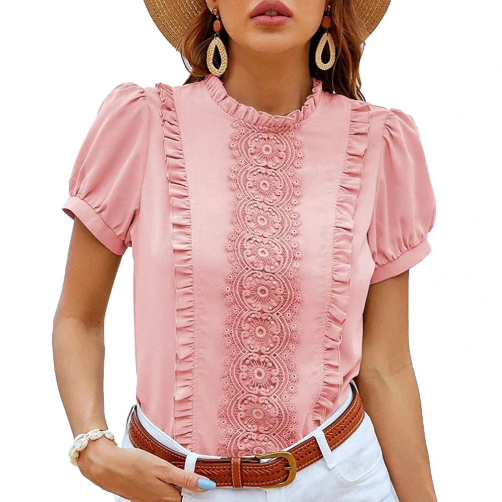 Women Short Sleeve Top Pleated Ruffle Front Frill Trim Neck Pure Color Stylish Women Shirt Top for Daily Party Dating Pink S