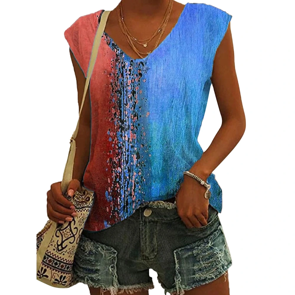 Women Summer T Shirt Loose Casual Multi Color V Neck Sleeveless Gradient Top for Women Girls Red S