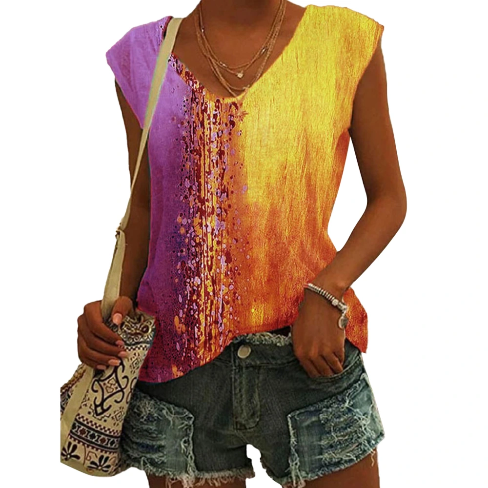 Women Summer T Shirt Loose Casual Multi Color V Neck Sleeveless Gradient Top for Women Girls Purple XL