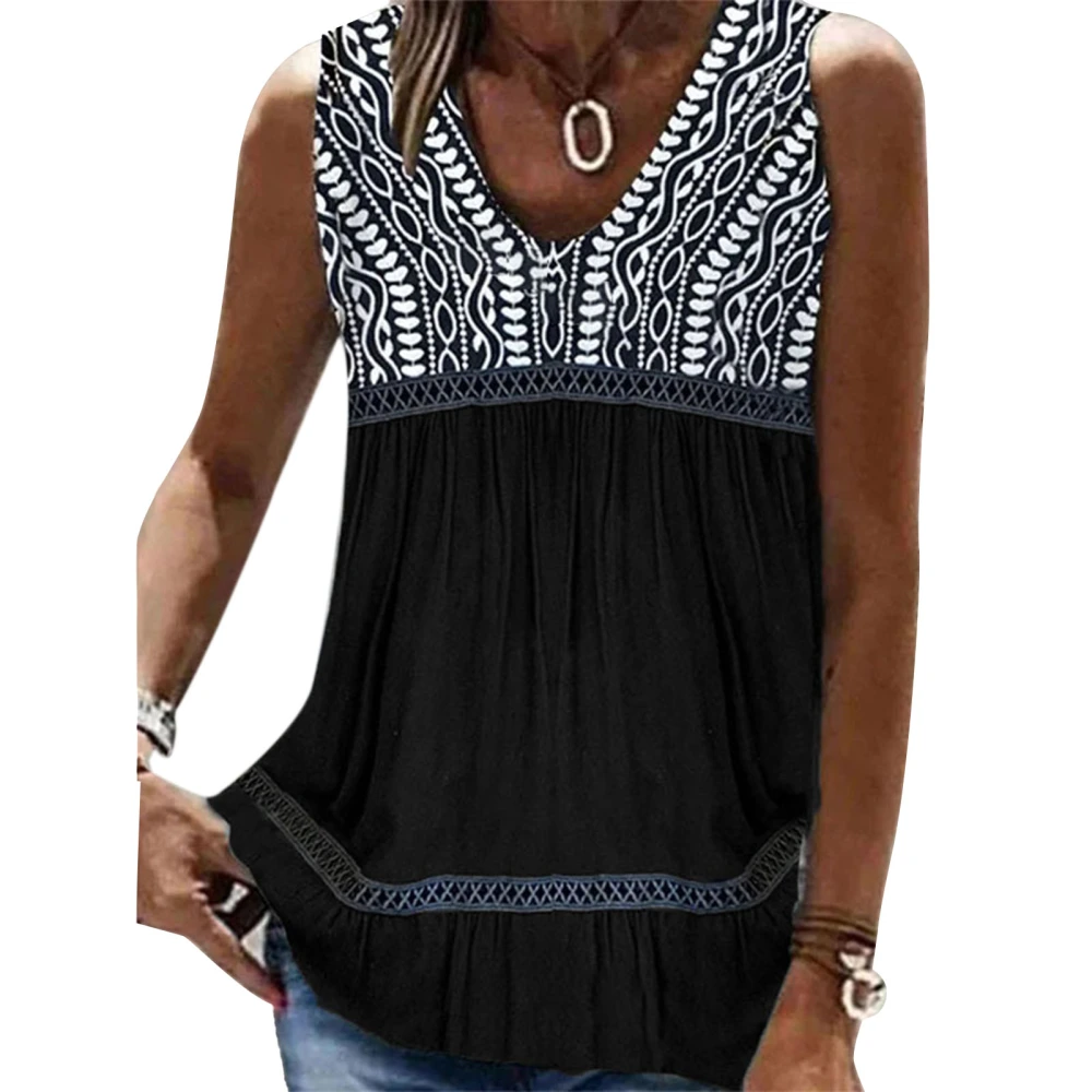 Women Summer Top Loose V Neck Sleeveless Flowly Lace Stitching Detailed Pleated Tank Top for Female Black M