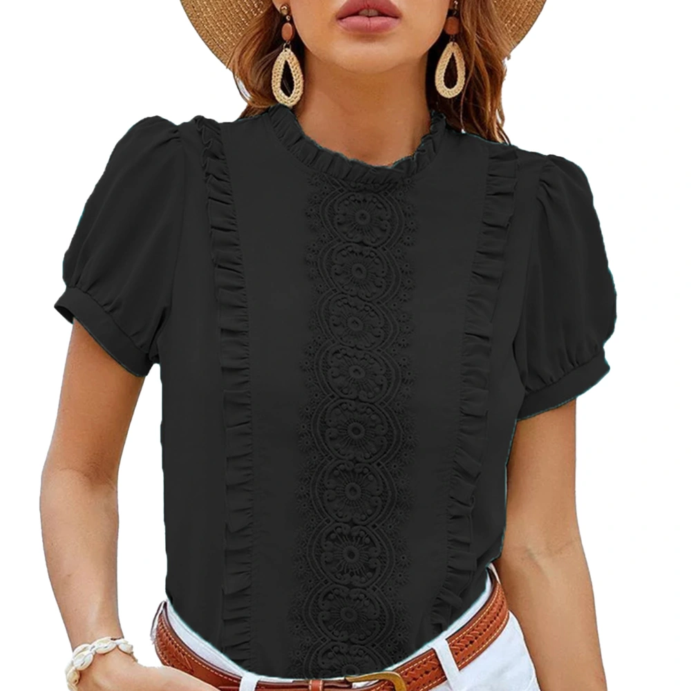 Women Short Sleeve Top Pleated Ruffle Front Frill Trim Neck Pure Color Stylish Women Shirt Top for Daily Party Dating Black S