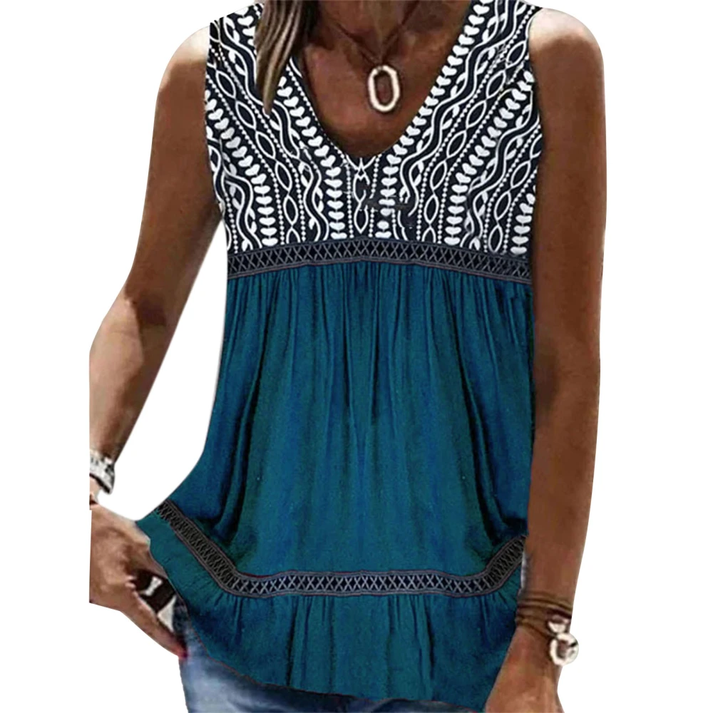 Women Summer Top Loose V Neck Sleeveless Flowly Lace Stitching Detailed Pleated Tank Top for Female Lake Blue S