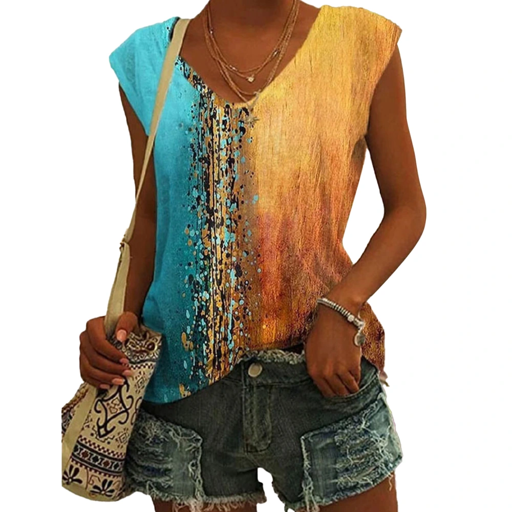 Women Summer T Shirt Loose Casual Multi Color V Neck Sleeveless Gradient Top for Women Girls Turquoise S