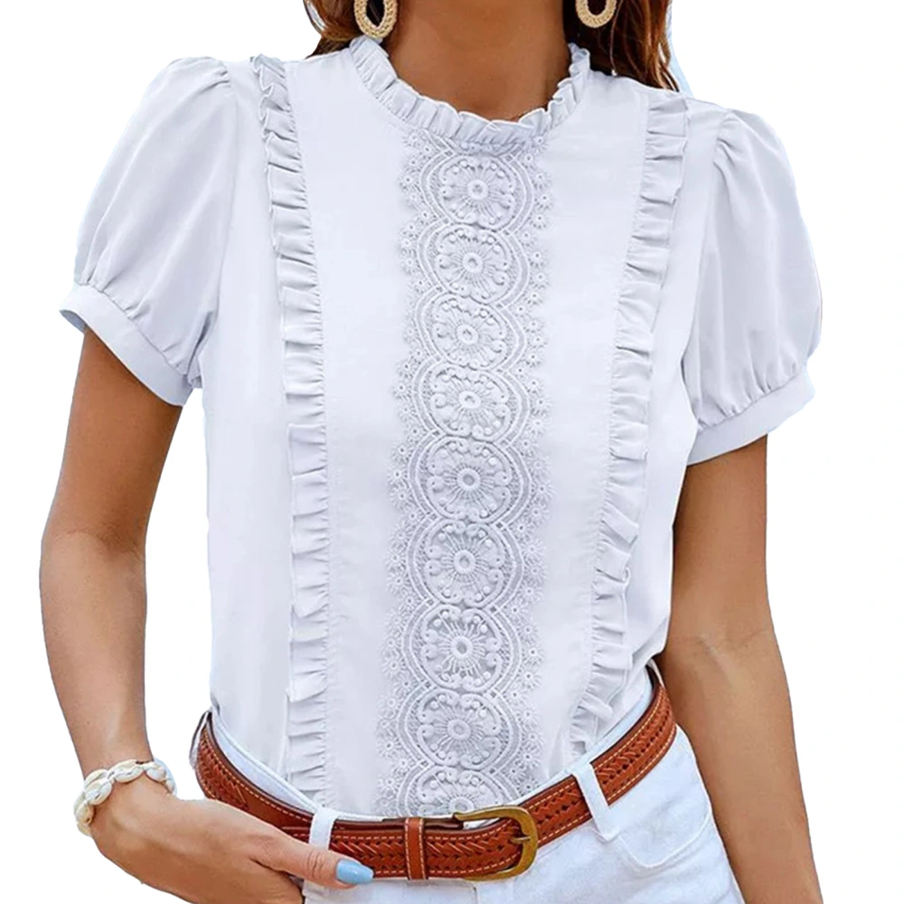 Women Short Sleeve Top Pleated Ruffle Front Frill Trim Neck Pure Color Stylish Women Shirt Top for Daily Party Dating White M