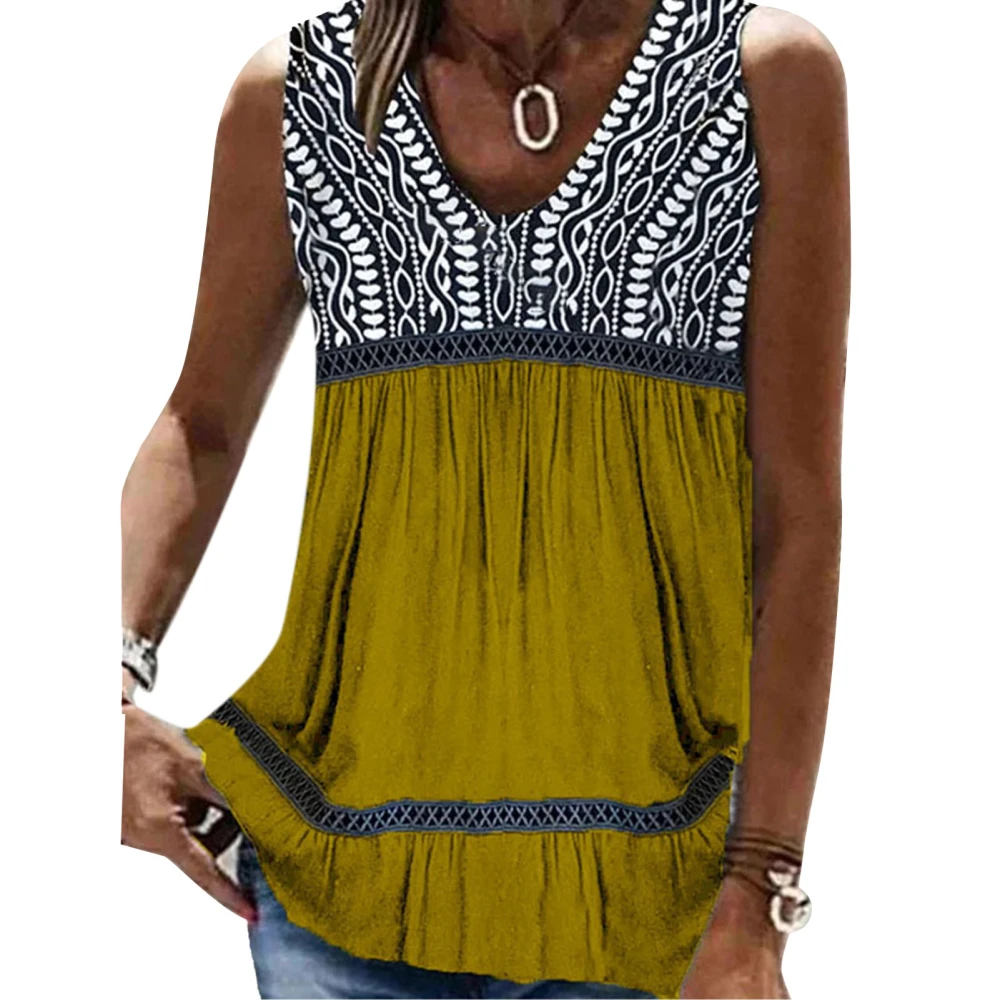 Women Summer Top Loose V Neck Sleeveless Flowly Lace Stitching Detailed Pleated Tank Top for Female Yellow L