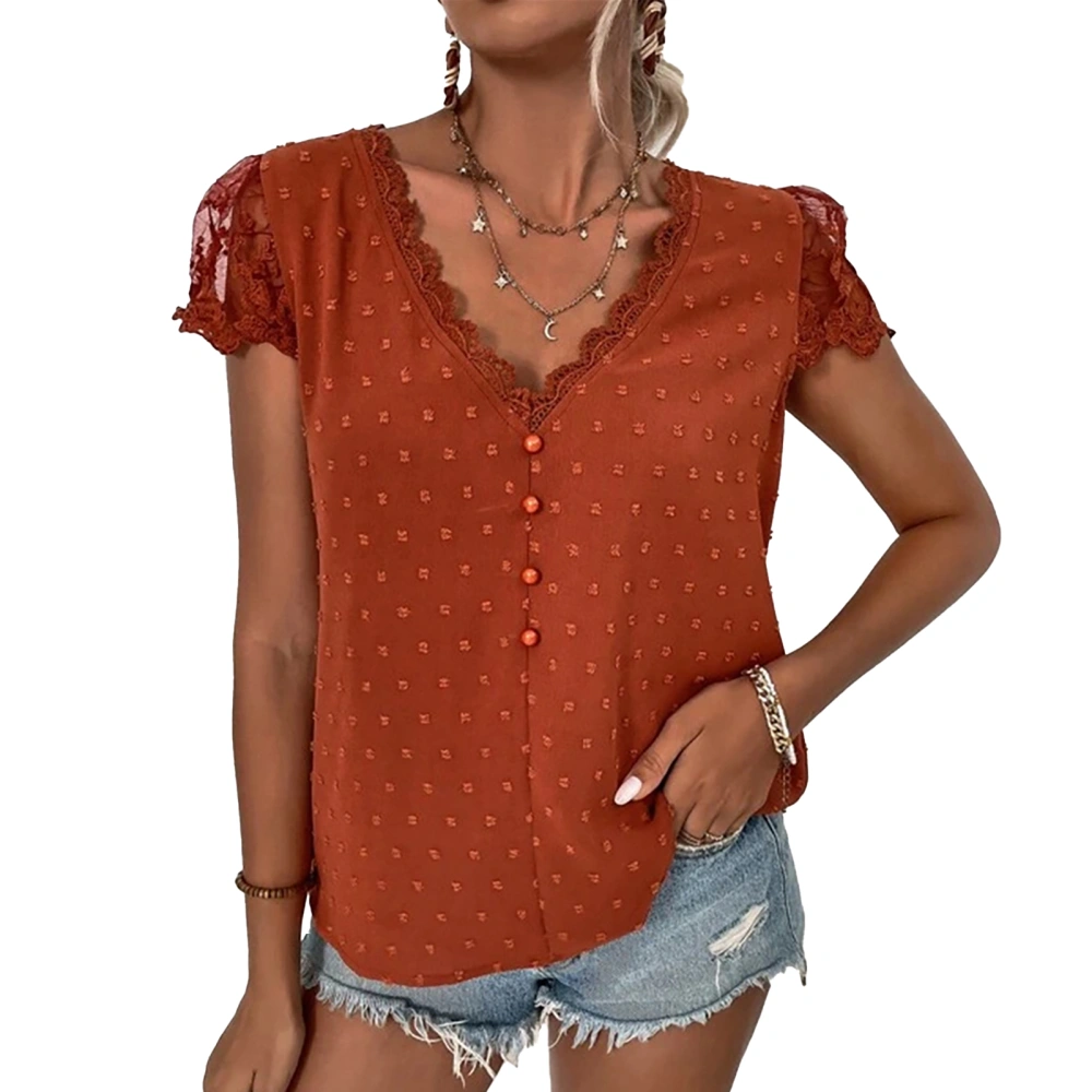 Women V Neck Blouse Lace Trim Short Sleeve Button Front Jacquard Dot Top for Summer Orange L