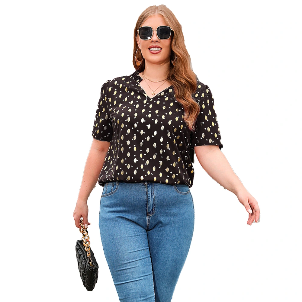 Short Sleeve V Neck Top Women Loose Casual Oversized Foil Dot Print T Shirt Blouse for Office Work Black 2XL