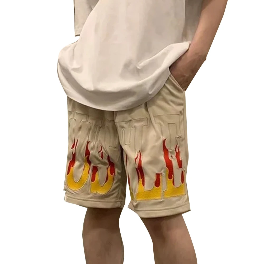 Men Athletic Shorts Flame Print Casual Drawstring Loose Fit Workout Shorts for Summer Khaki XL