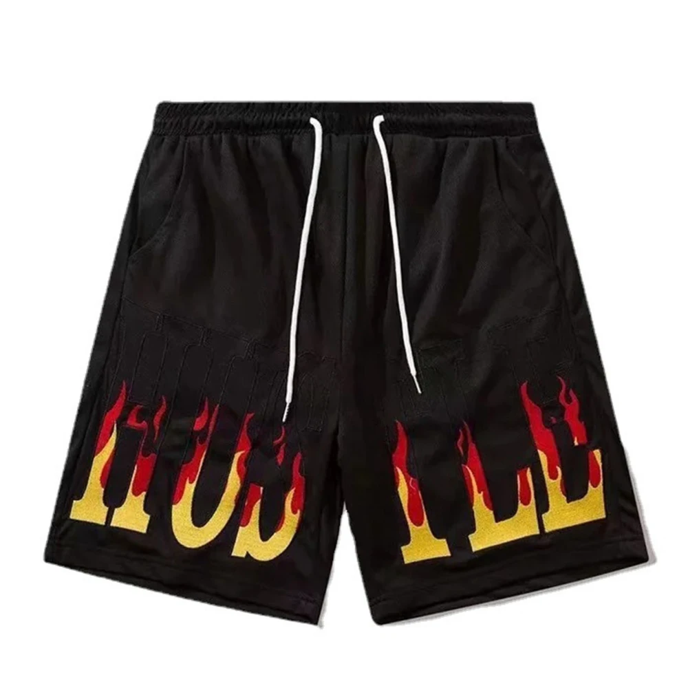 Men Athletic Shorts Flame Print Casual Drawstring Loose Fit Workout Shorts for Summer Black XXL