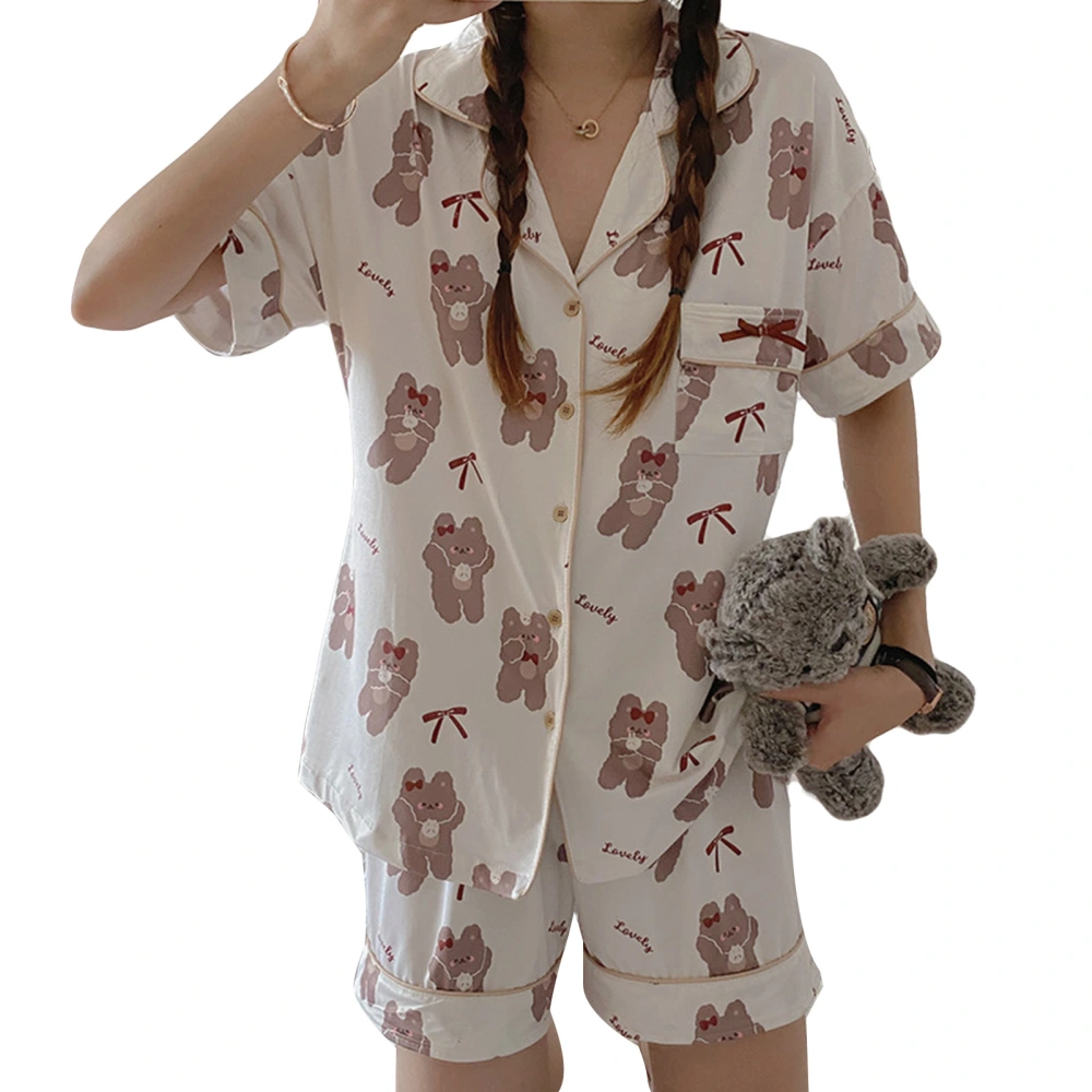 Women Sleepwear Short Sleeve Bear Printed Loose Fitting Button Shirt Shorts Pajama Set Bear Pattern M