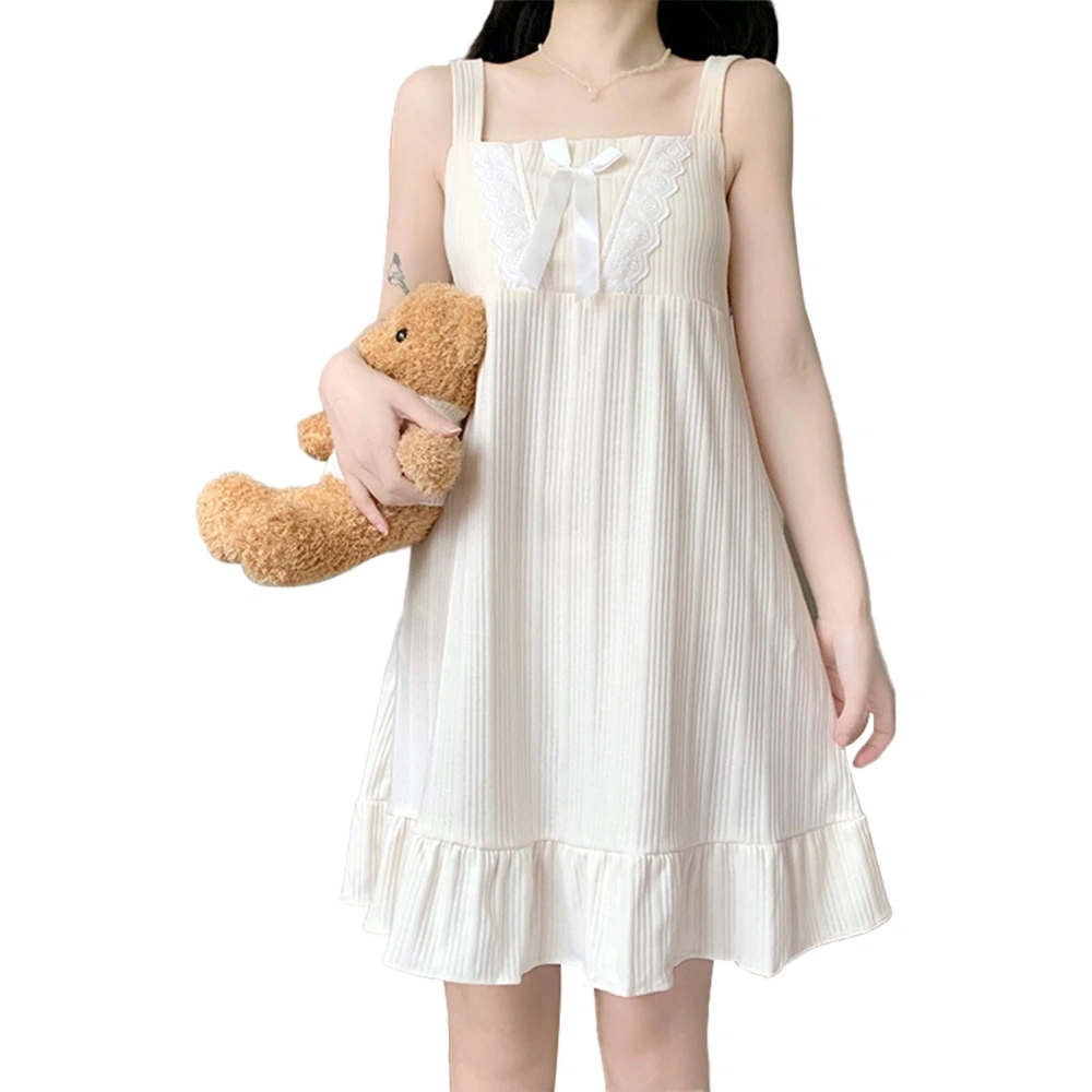 Sleeveless Nightgown with Soft Chest Pad Ruffle Hem Cute Suspender Nightdress for Home Travel Beige M