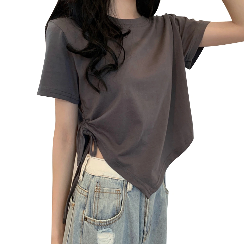 Women Short Sleeve Top Round Neck Drawstring Pure Color Breathable Skin Friendly Women Short Shirt Top for Summer Grey L