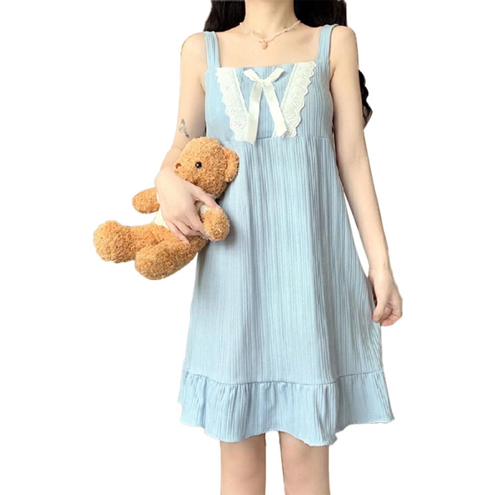 Sleeveless Nightgown with Soft Chest Pad Ruffle Hem Cute Suspender Nightdress for Home Travel Stone Blue M