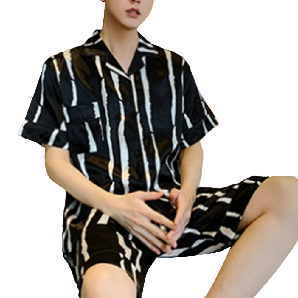 Men Shortsleeve Sleepwear 2PCS Summer Pajamas Set Skin Friendly Soft Touch Comfortable Night Wear Black and White Stripe 2XL