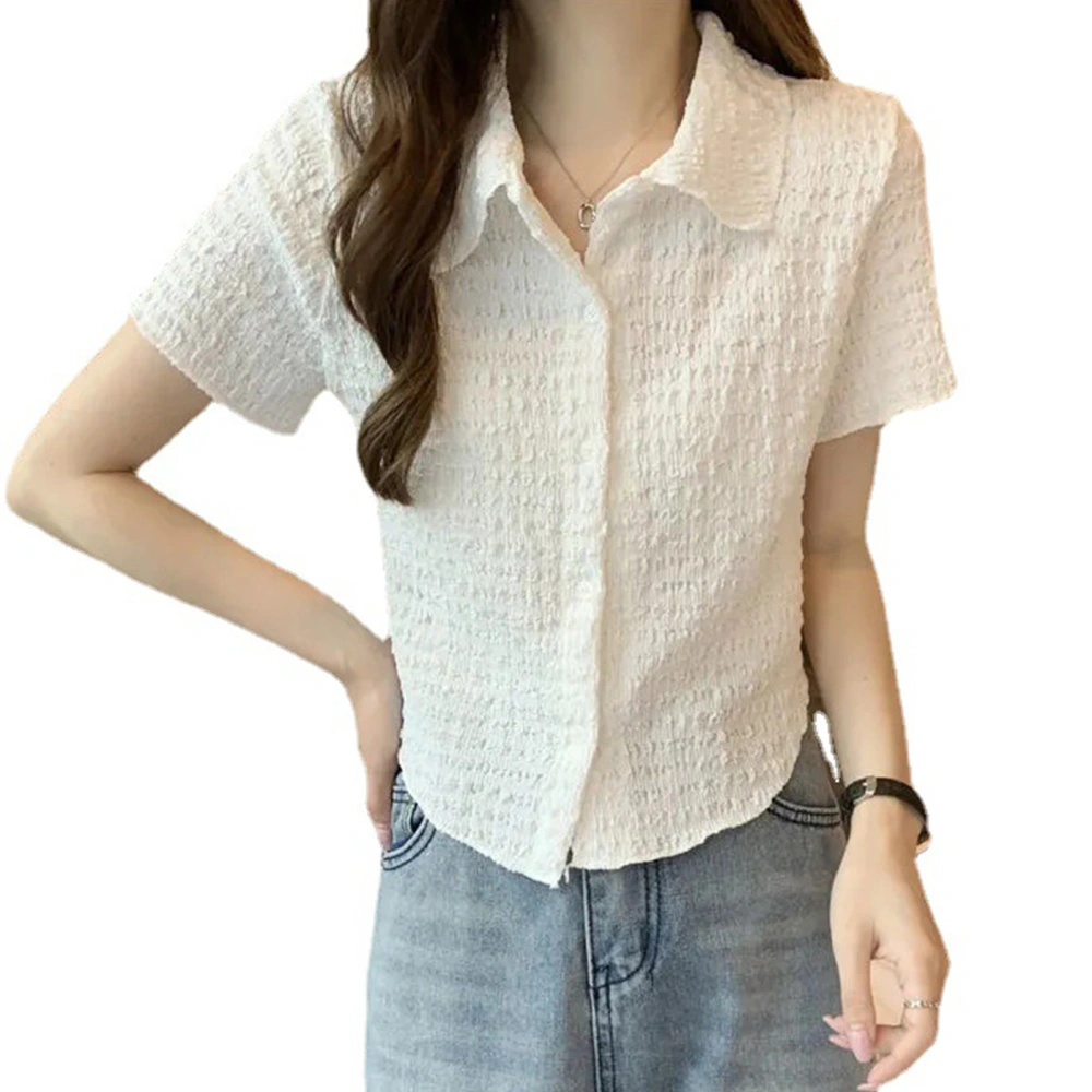 Women Short Sleeve Blouse Fashionable Elegant Sweet Lady Button Down Blouse for Summer White Free Size (35‑60kg / 77.2‑132.3lb)