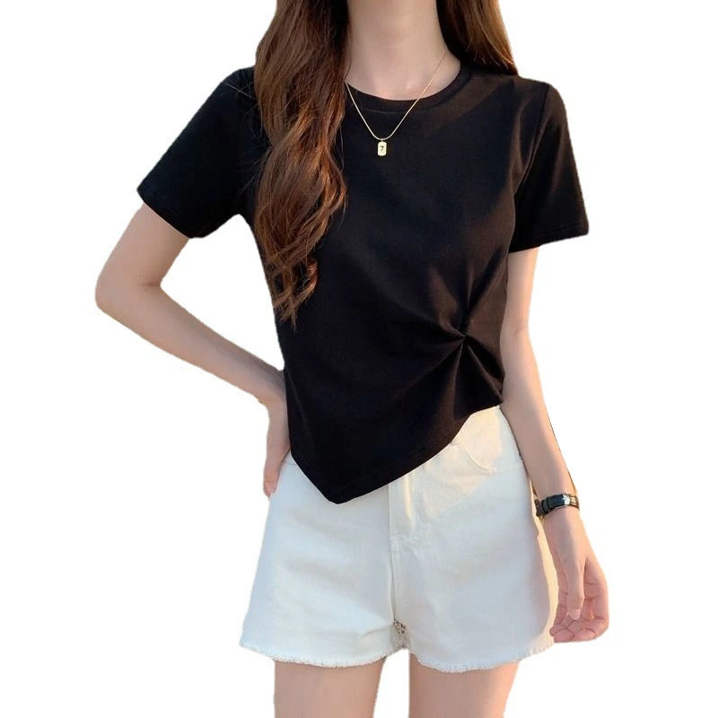 Women Twist Shirt Short Sleeve Round Neck High Waist Pure Color Irregular Women Shirt Top for Summer Daily Black Free Size