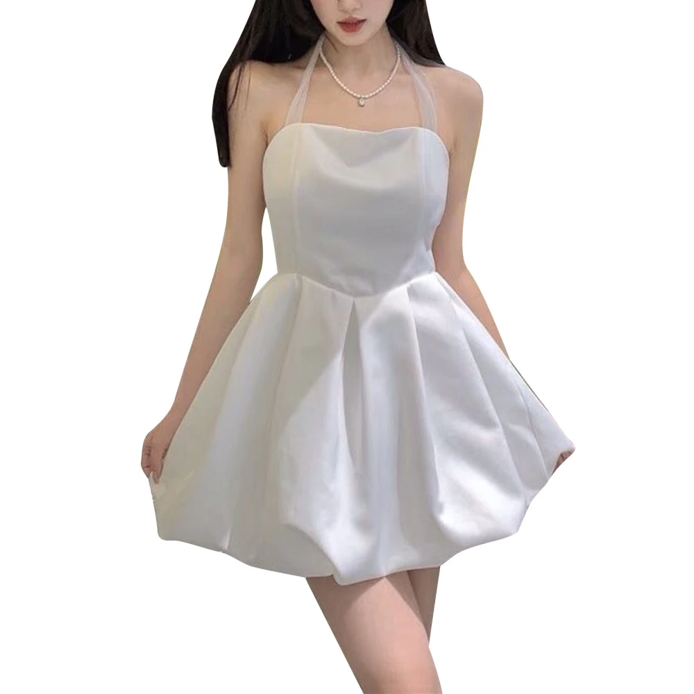 Halter Neck Dress Polyester Pure Color Backless Sleeveless Halter Short Dress for Women White XL