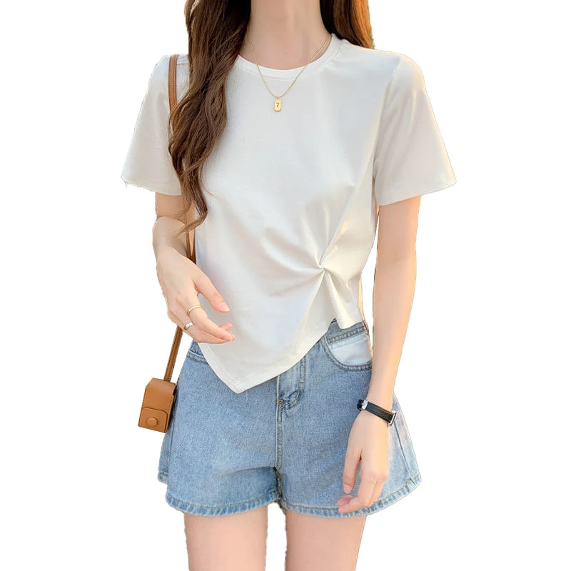 Women Twist Shirt Short Sleeve Round Neck High Waist Pure Color Irregular Women Shirt Top for Summer Daily White Free Size