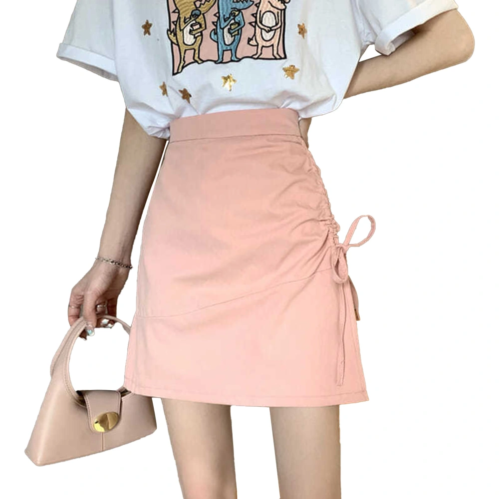 Women Skirt High Waist Side Drawstring A Line Slim Fit Plain Stylish Short Skirt for Night Out Shopping Pink M