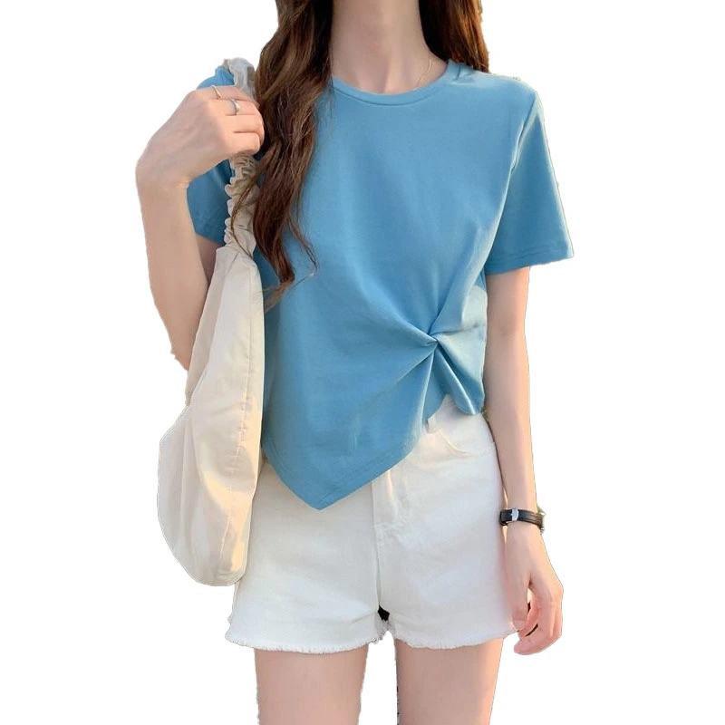 Women Twist Shirt Short Sleeve Round Neck High Waist Pure Color Irregular Women Shirt Top for Summer Daily Blue Free Size