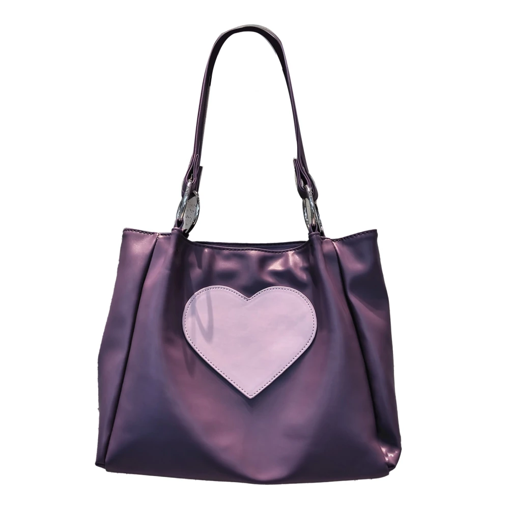 Love Heart Pattern Handbag Contrast Color Large Capacity PU Leather Women Shoulder Bag for Outdoor Purple Free Size