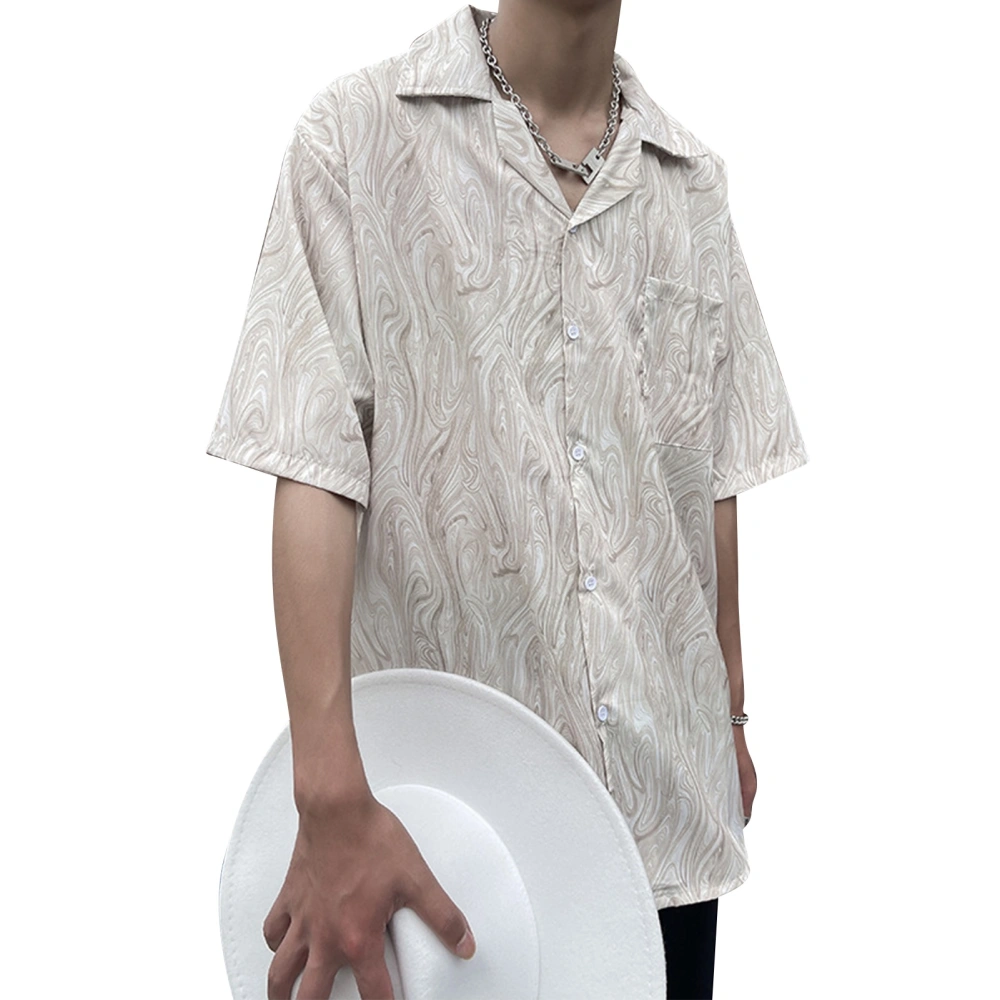 Men Summer Shirt Polyester Turn Down Collar Oversized Shirt Comfortable Loose Half Sleeve Top Apricot XL