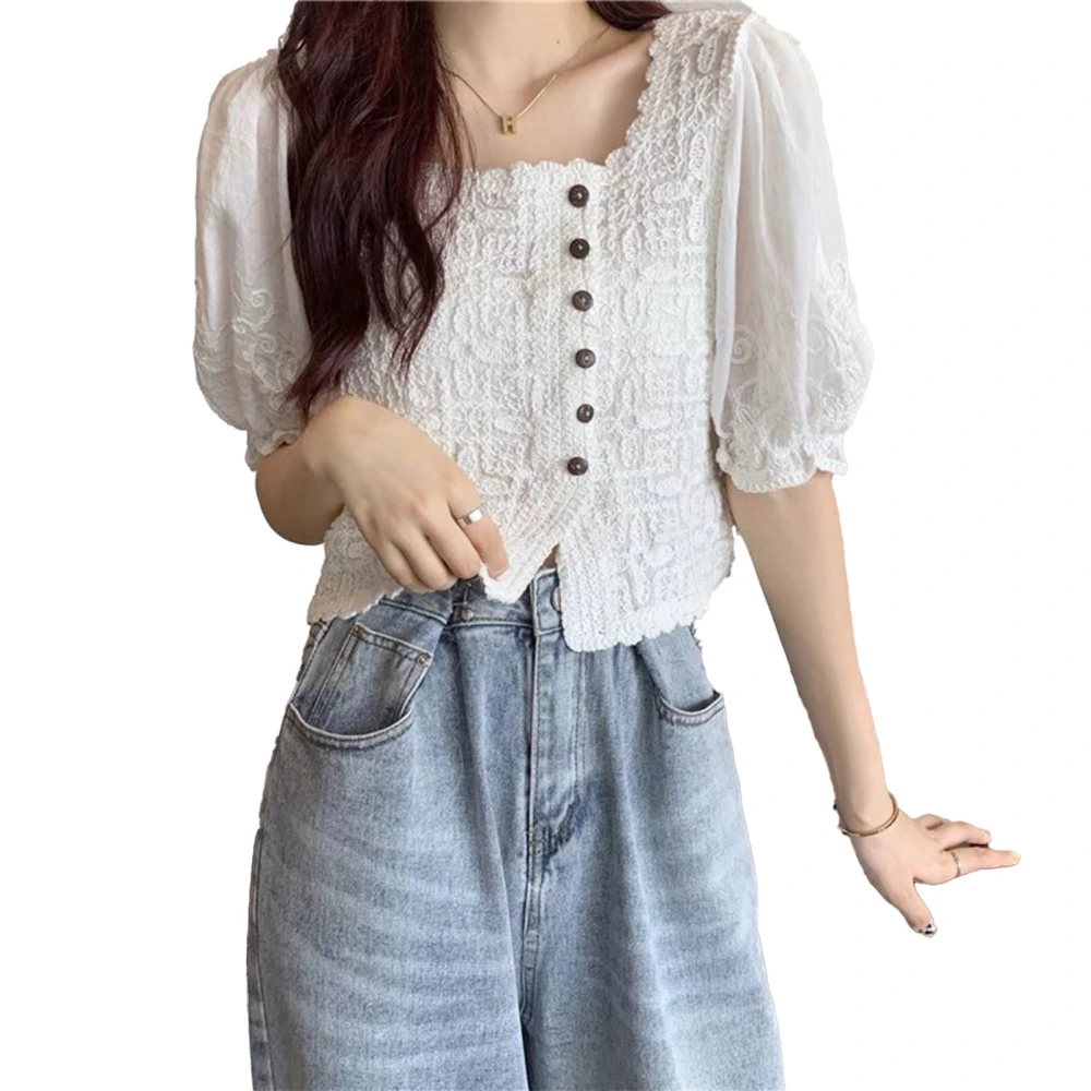 Half Sleeve Button Up Top Women Fashionable Elegant Slim Fit Lace Embroidered Blouse Shirt for Dating White Free Size for 88.2‑132.3lb