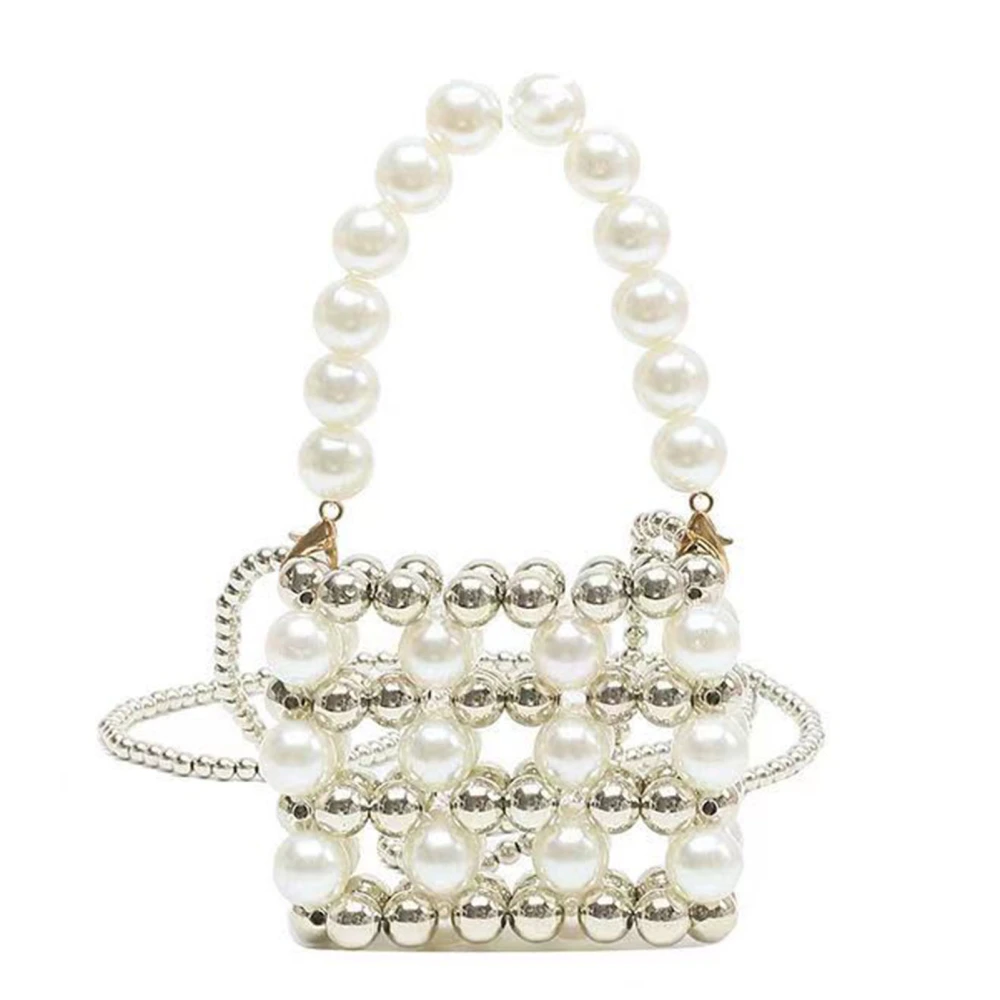 Handmade Pearl Bag Exquisite Elegant Simple Trendy Small Pearl Bag for Dating Party Handheld and Shoulder Strap (Finished Product) Free Size