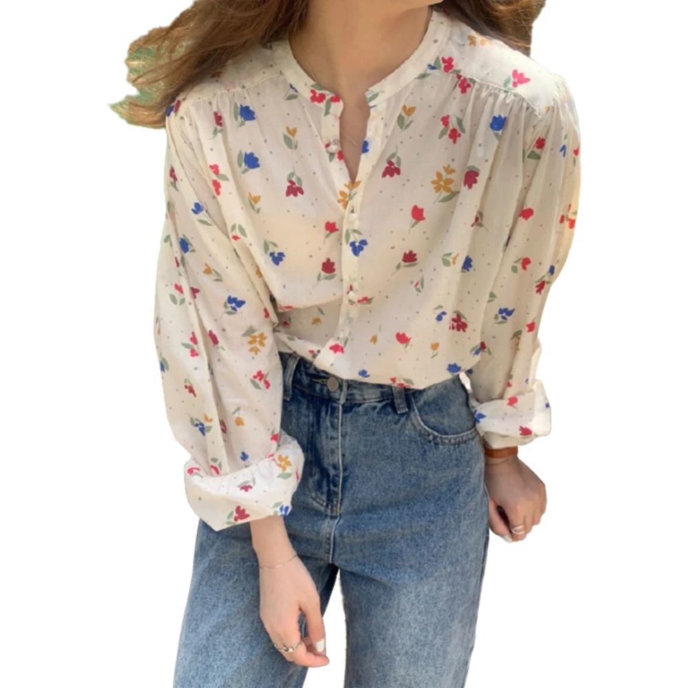 Women Flower Print Button Closure Shirt Thin Loose Casual Long Sleeve Blouse Shirt for Summer Shirt XL