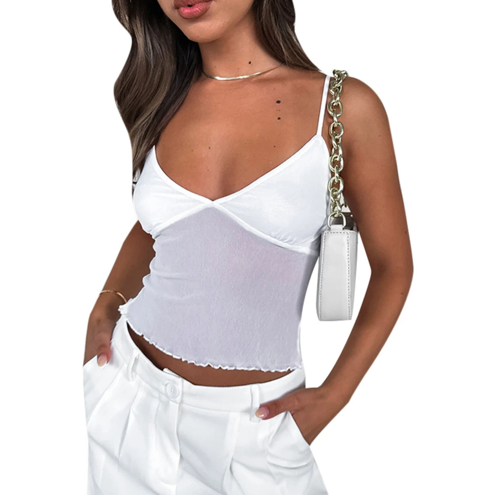 Sleeveless Strap Top Short Style Ruffle Pure Color Transparent Back Charming for Shopping Beach White M