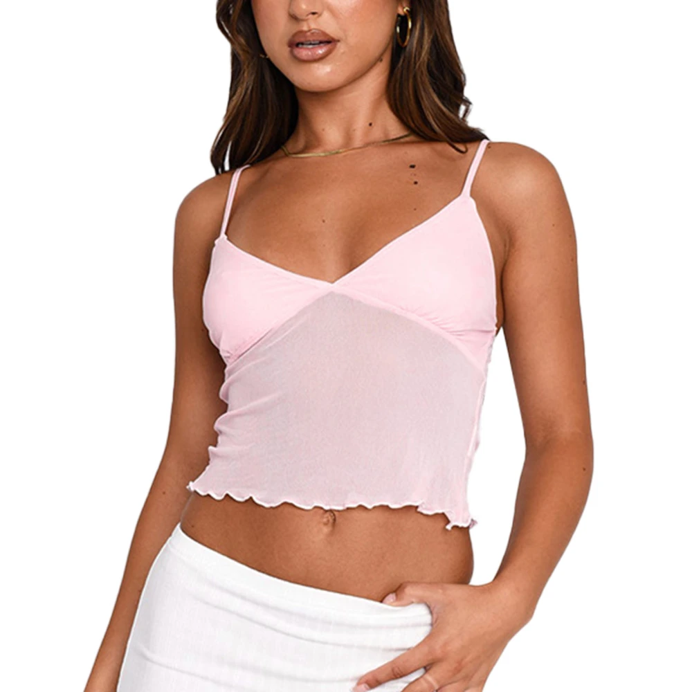 Sleeveless Strap Top Short Style Ruffle Pure Color Transparent Back Charming for Shopping Beach Pink M