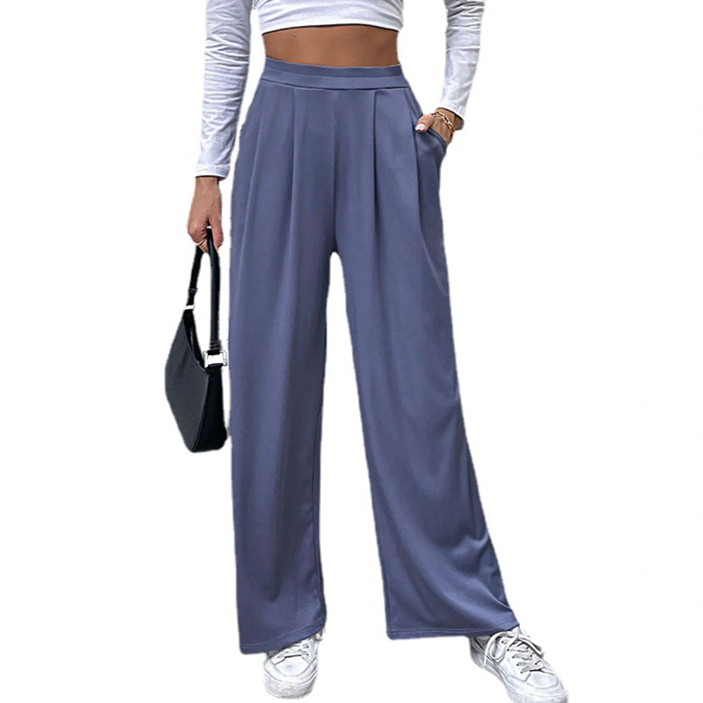 High Waist Wide Leg Pants Women Plain Color Elastic Waist Pleated Casual Trousers with Side Slanted Pockets Haze Blue S