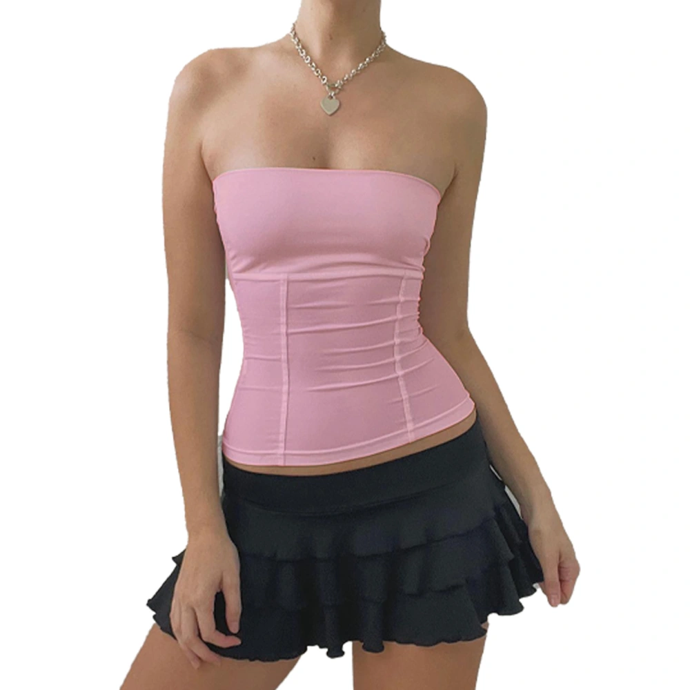 Tube Top Strapless Sleeveless Straight Neckline Casual Basic Pure Color Summer Tube Top Pink L