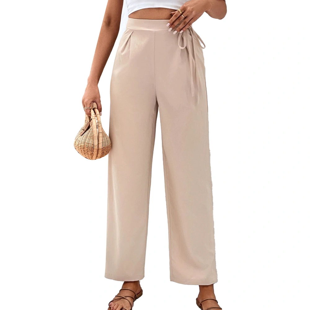 Women High Waist Bow Tie Straight Leg Pants Pure Color Casual Trousers with Side Zipper for Office Work Apricot S