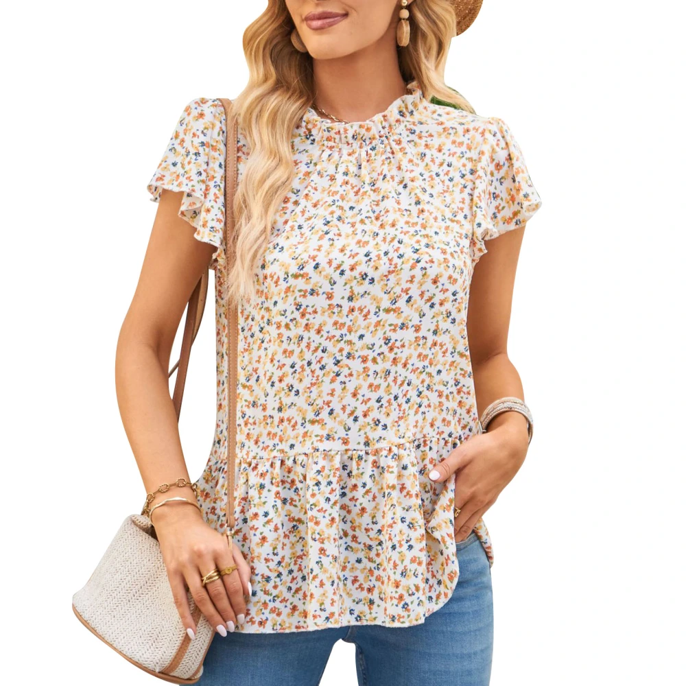 Women Floral Print Short Sleeve Chiffon Shirts Summer Fashion Elegant Women Frilled Ruffle Short Sleeve Chiffon Blouse Apricot M