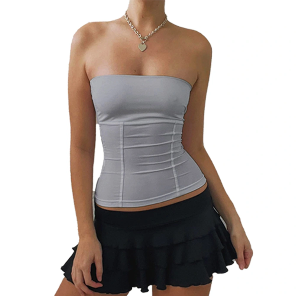 Tube Top Strapless Sleeveless Straight Neckline Casual Basic Pure Color Summer Tube Top Grey S