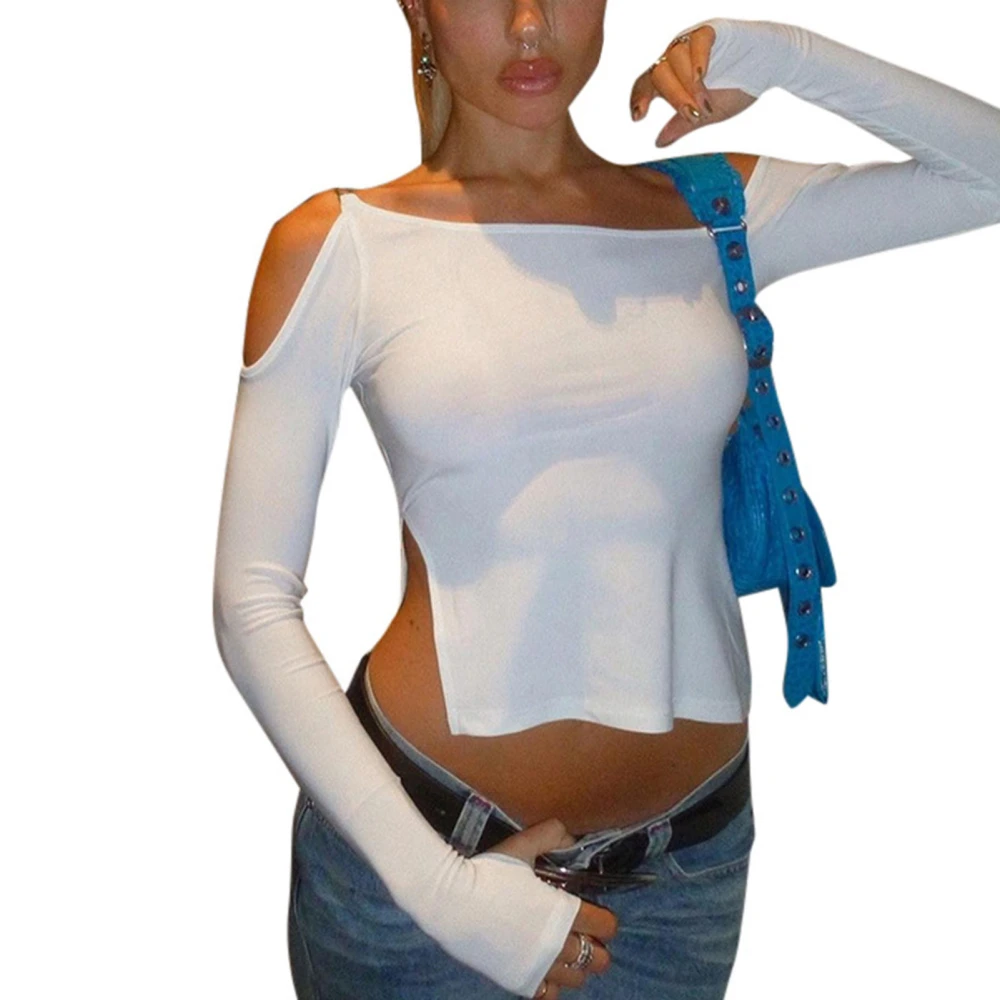 One Shoulder Top Long Sleeve Cold Shoulder Split Hem One Shoulder Cut Out Summer Tee Top White M