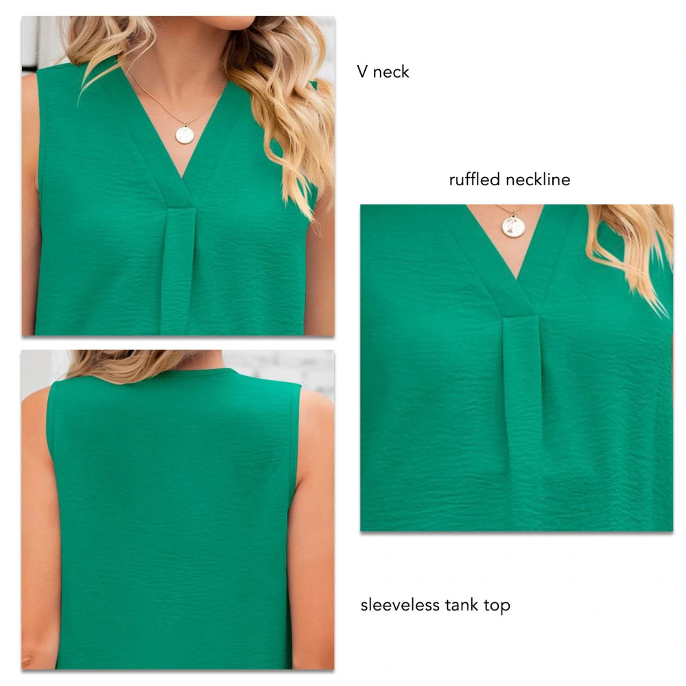 Women Sleeveless Top V Neck Pure Color Loose Style Breathable Fashionable Summer Tank Top Green XL