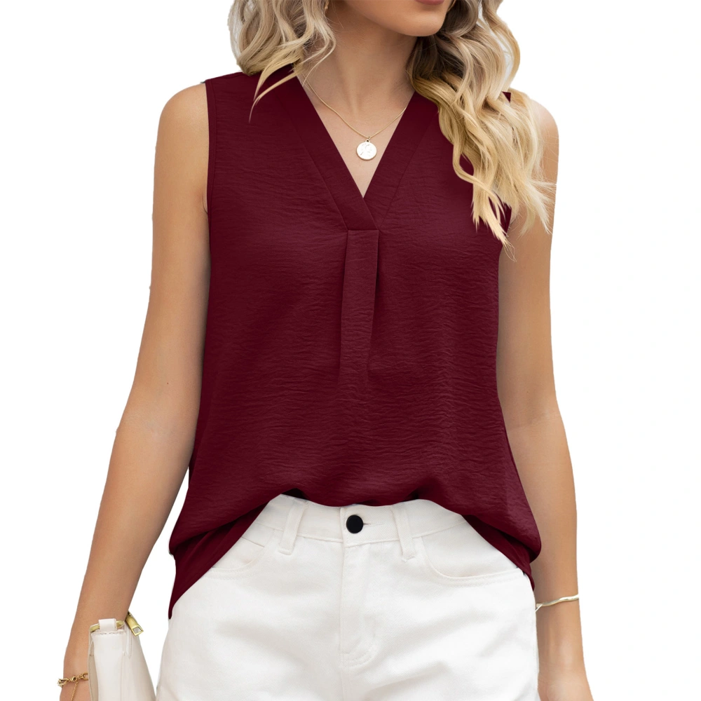 Women Sleeveless Top V Neck Pure Color Loose Style Breathable Fashionable Summer Tank Top Wine Red S