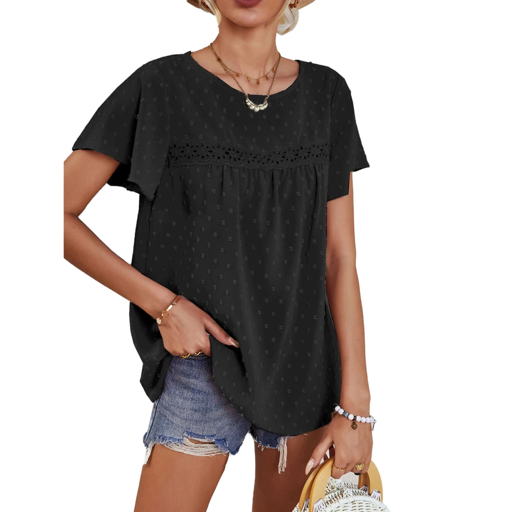 Jacquard Short Sleeved Blouse Round Neck Lace Ruffle Sleeve Blouse Shirt for Women Summer Spring Black XL