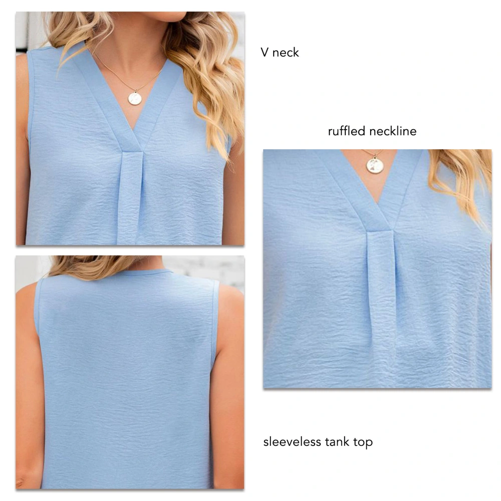 Women Sleeveless Top V Neck Pure Color Loose Style Breathable Fashionable Summer Tank Top Sky Blue L