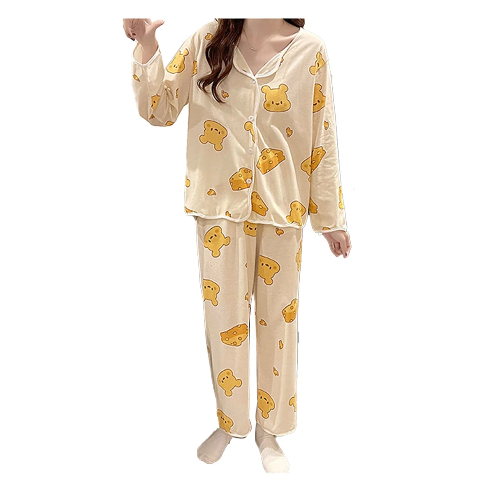 2PCS Women Long Sleeve Pajamas Set Cute Style Turn Down Collar Soft Comfortable Sleep Wear Cheese Bear Pattern M